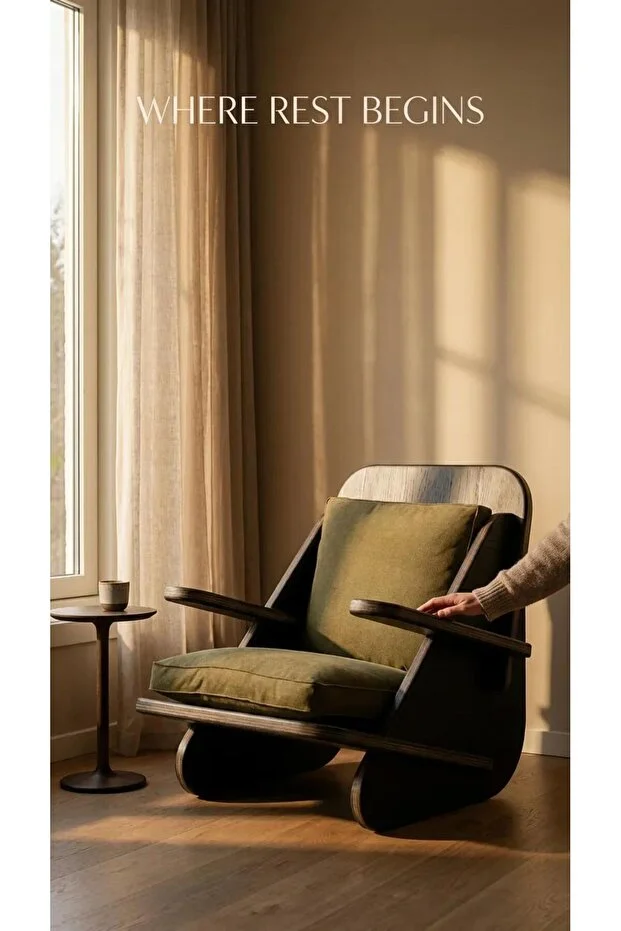 Berjer Tekli Ahşap Siyah Berjer Yeşil Keten Kumaş